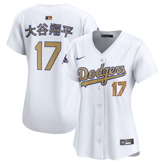 Women's Los Angeles Dodgers #17 大谷翔平 White 2025 Gold Collection Limited Stitched Baseball Jersey(Run Small) Women's Los Angeles Dodgers #17 大谷翔平 White 2025 Gold Collection Limited Stitched Baseball Jersey(Run Small)