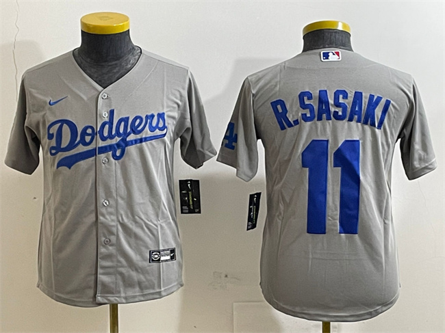 Youth Los Angeles Dodgers #11 Roki Sasaki Grey Cool Base Stitched Baseball Jersey 1 Youth Los Angeles Dodgers #11 Roki Sasaki Grey Cool Base Stitched Baseball Jersey 1