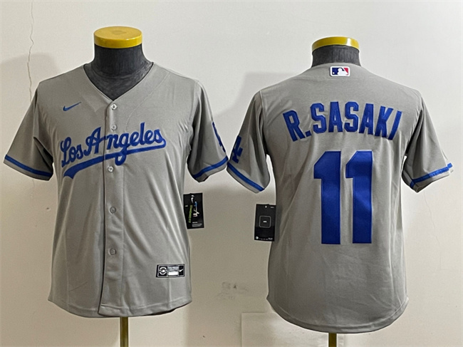 Youth Los Angeles Dodgers #11 Roki Sasaki Grey Cool Base Stitched Baseball Jersey Youth Los Angeles Dodgers #11 Roki Sasaki Grey Cool Base Stitched Baseball Jersey