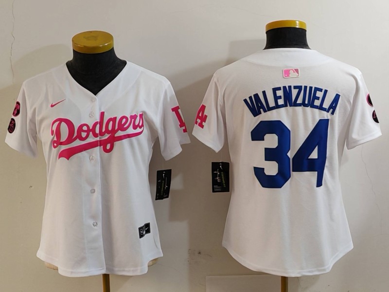 Women's Los Angeles Dodgers #34 Fernando Valenzuela White Pink Vin & Kobe Patch Stitched Baseball Jersey(Run Small) Women's Los Angeles Dodgers #34 Fernando Valenzuela White Pink Vin & Kobe Patch Stitched Baseball Jersey(Run Small)