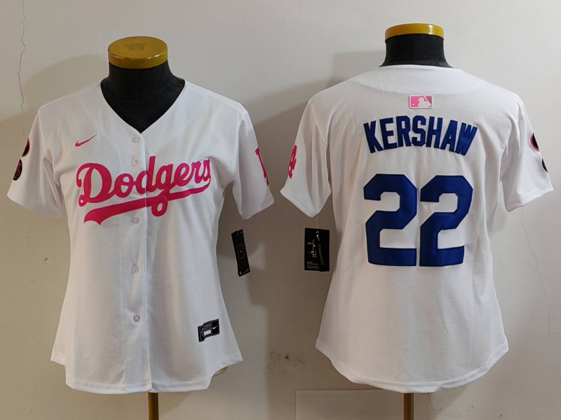 Women's Los Angeles Dodgers #22 Clayton Kershaw White Pink Vin & Kobe Patch Stitched Baseball Jersey(Run Small) Women's Los Angeles Dodgers #22 Clayton Kershaw White Pink Vin & Kobe Patch Stitched Baseball Jersey(Run Small)