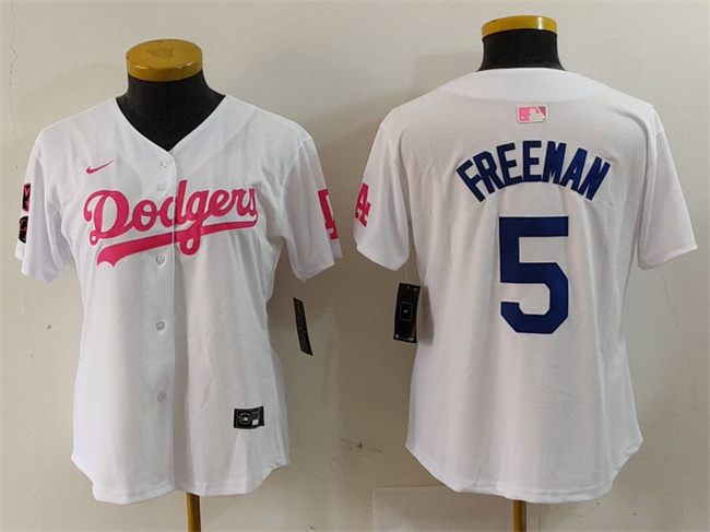 Women's Los Angeles Dodgers #5 Freddie Freeman White Pink Vin & Kobe Patch Stitched Baseball Jersey(Run Small) Women's Los Angeles Dodgers #5 Freddie Freeman White Pink Vin & Kobe Patch Stitched Baseball Jersey(Run Small)