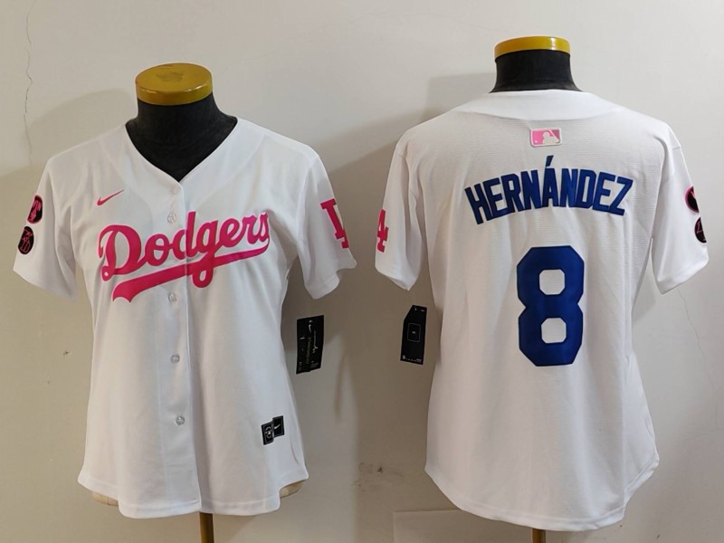 Women's Los Angeles Dodgers #8 Kiké Hernández White Pink Vin & Kobe Patch Stitched Baseball Jersey(Run Small) Women's Los Angeles Dodgers #8 Kiké Hernández White Pink Vin & Kobe Patch Stitched Baseball Jersey(Run Small)