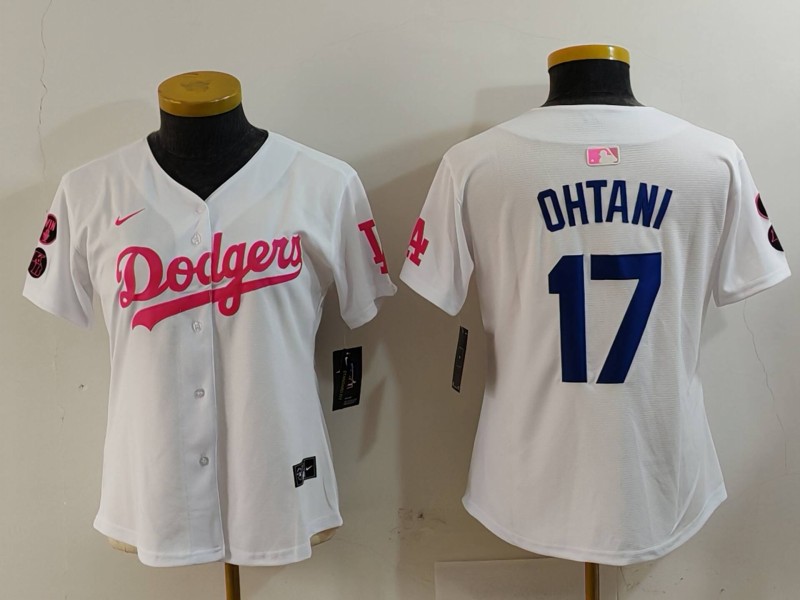Women's Los Angeles Dodgers #17 Shohei Ohtani White Pink Vin & Kobe Patch Stitched Baseball Jersey(Run Small) Women's Los Angeles Dodgers #17 Shohei Ohtani White Pink Vin & Kobe Patch Stitched Baseball Jersey(Run Small)
