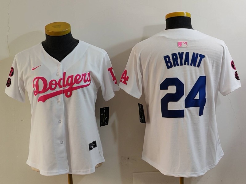 Women's Los Angeles Dodgers #24 Kobe Bryant White Pink Vin & Kobe Patch Stitched Baseball Jersey(Run Small) Women's Los Angeles Dodgers #24 Kobe Bryant White Pink Vin & Kobe Patch Stitched Baseball Jersey(Run Small)