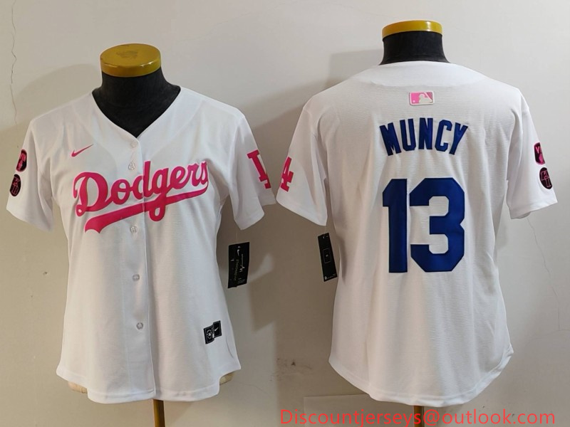 Women's Los Angeles Dodgers #13 Max Muncy White Pink Vin & Kobe Patch Stitched Baseball Jersey(Run Small) Women's Los Angeles Dodgers #13 Max Muncy White Pink Vin & Kobe Patch Stitched Baseball Jersey(Run Small)