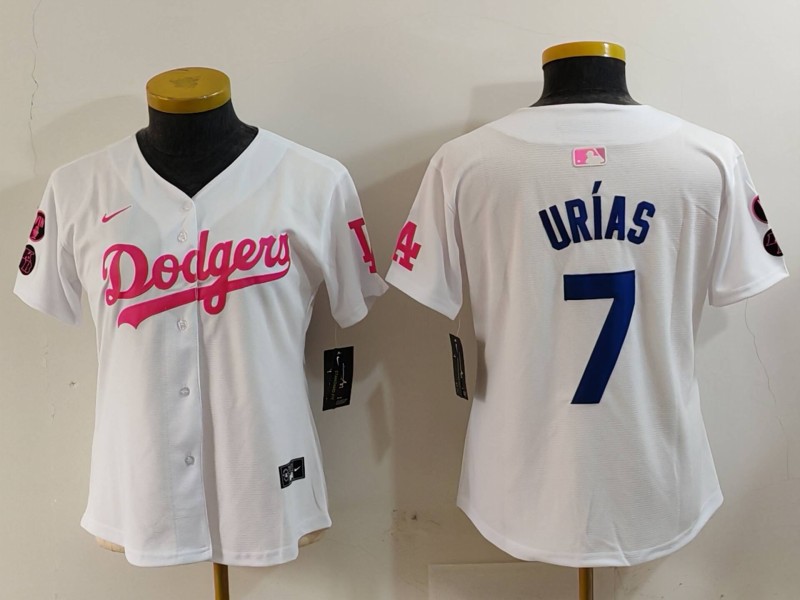 Women's Los Angeles Dodgers #7 White Pink Vin & Kobe Patch Stitched Baseball Jersey(Run Small) Women's Los Angeles Dodgers #7 White Pink Vin & Kobe Patch Stitched Baseball Jersey(Run Small)