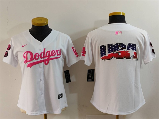 Women's Los Angeles Dodgers Team Big Logo White Pink Vin & Kobe Patch Stitched Baseball Jersey(Run Small) 6 Women's Los Angeles Dodgers Team Big Logo White Pink Vin & Kobe Patch Stitched Baseball Jersey(Run Small) 6