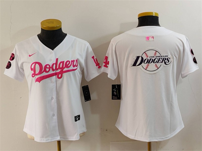 Women's Los Angeles Dodgers Team Big Logo White Pink Vin & Kobe Patch Stitched Baseball Jersey(Run Small) 5 Women's Los Angeles Dodgers Team Big Logo White Pink Vin & Kobe Patch Stitched Baseball Jersey(Run Small) 5