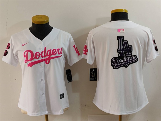 Women's Los Angeles Dodgers Team Big Logo White Pink Vin & Kobe Patch Stitched Baseball Jersey(Run Small) 2 Women's Los Angeles Dodgers Team Big Logo White Pink Vin & Kobe Patch Stitched Baseball Jersey(Run Small) 2