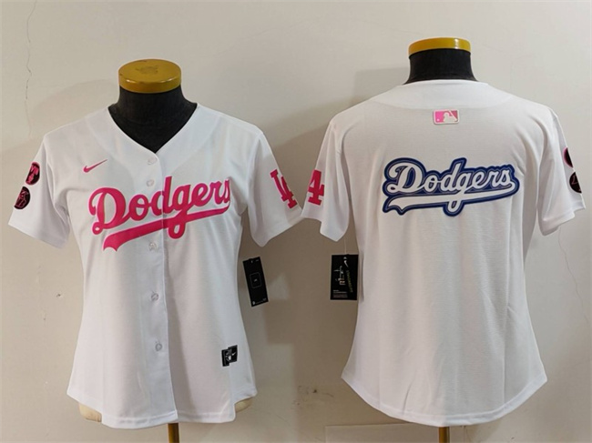 Women's Los Angeles Dodgers Team Big Logo White Pink Vin & Kobe Patch Stitched Baseball Jersey(Run Small) 1 Women's Los Angeles Dodgers Team Big Logo White Pink Vin & Kobe Patch Stitched Baseball Jersey(Run Small) 1