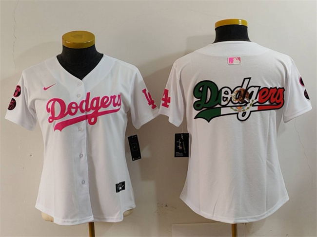 Women's Los Angeles Dodgers Team Big Logo White Pink Vin & Kobe Patch Stitched Baseball Jersey(Run Small) Women's Los Angeles Dodgers Team Big Logo White Pink Vin & Kobe Patch Stitched Baseball Jersey(Run Small)
