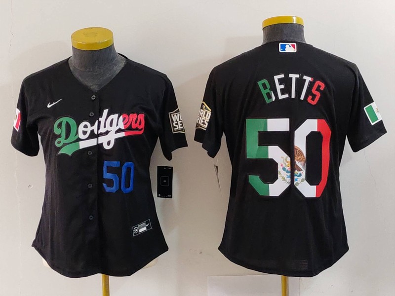 Women's Los Angeles Dodgers #50 Mookie Betts Black Mexico Stitched Jersey(Run Small) 5 Women's Los Angeles Dodgers #50 Mookie Betts Black Mexico Stitched Jersey(Run Small) 5