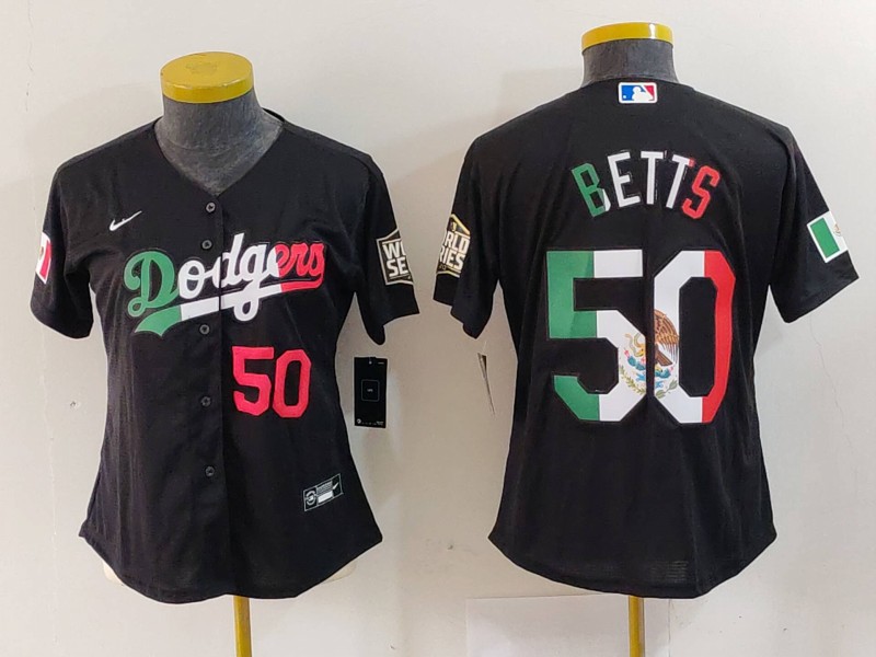 Women's Los Angeles Dodgers #50 Mookie Betts Black Mexico Stitched Jersey(Run Small) 2 Women's Los Angeles Dodgers #50 Mookie Betts Black Mexico Stitched Jersey(Run Small) 2