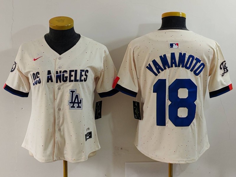 Women's Los Angeles Dodgers #18 Yoshinobu Yamamoto Cream Stitched Jersey(Run Small) 3 Women's Los Angeles Dodgers #18 Yoshinobu Yamamoto Cream Stitched Jersey(Run Small) 3