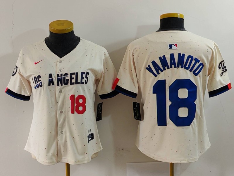 Women's Los Angeles Dodgers #18 Yoshinobu Yamamoto Cream Stitched Jersey(Run Small) 1 Women's Los Angeles Dodgers #18 Yoshinobu Yamamoto Cream Stitched Jersey(Run Small) 1