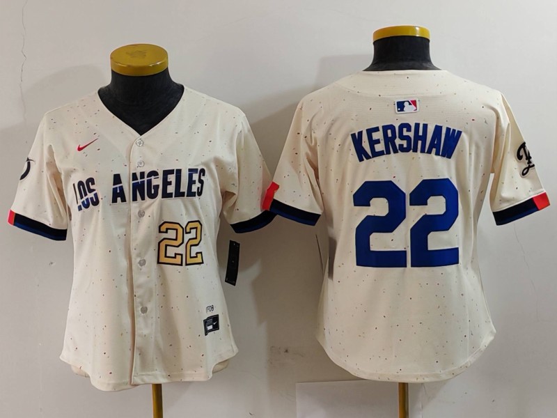 Women's Los Angeles Dodgers #22 Clayton Kershaw Cream Stitched Jersey(Run Small) 7 Women's Los Angeles Dodgers #22 Clayton Kershaw Cream Stitched Jersey(Run Small) 7