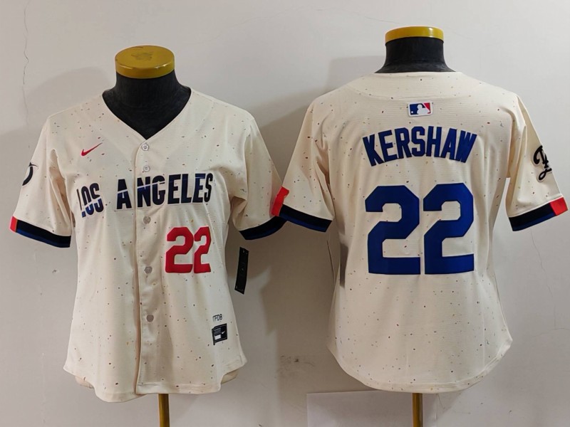 Women's Los Angeles Dodgers #22 Clayton Kershaw Cream Stitched Jersey(Run Small) 4 Women's Los Angeles Dodgers #22 Clayton Kershaw Cream Stitched Jersey(Run Small) 4