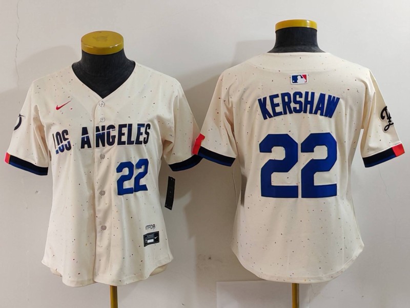 Women's Los Angeles Dodgers #22 Clayton Kershaw Cream Stitched Jersey(Run Small) 1 Women's Los Angeles Dodgers #22 Clayton Kershaw Cream Stitched Jersey(Run Small) 1