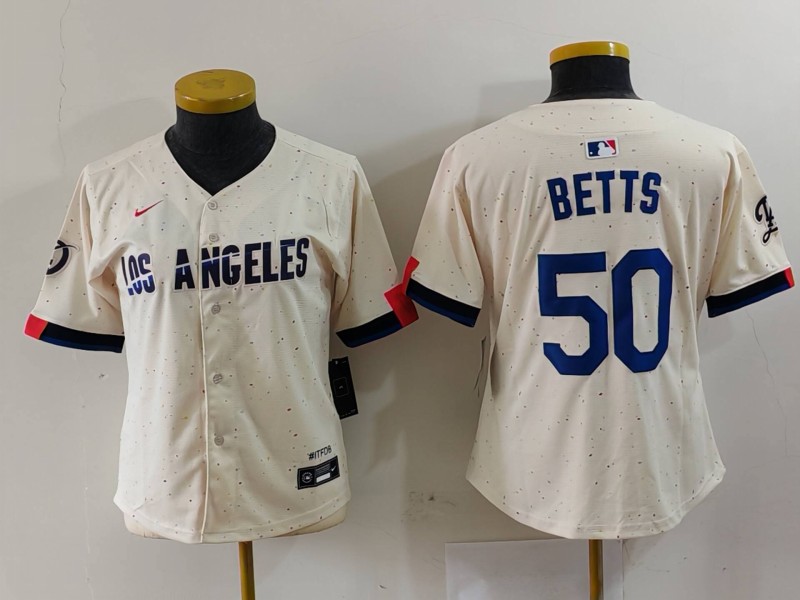 Women's Los Angeles Dodgers #50 Mookie Betts Cream Stitched Jersey(Run Small) 6 Women's Los Angeles Dodgers #50 Mookie Betts Cream Stitched Jersey(Run Small) 6