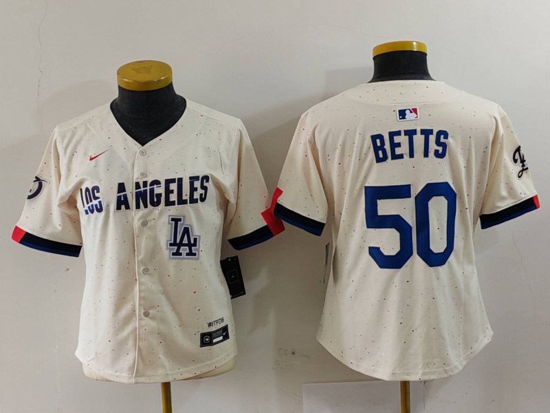 Women's Los Angeles Dodgers #50 Mookie Betts Cream Stitched Jersey(Run Small) 4 Women's Los Angeles Dodgers #50 Mookie Betts Cream Stitched Jersey(Run Small) 4