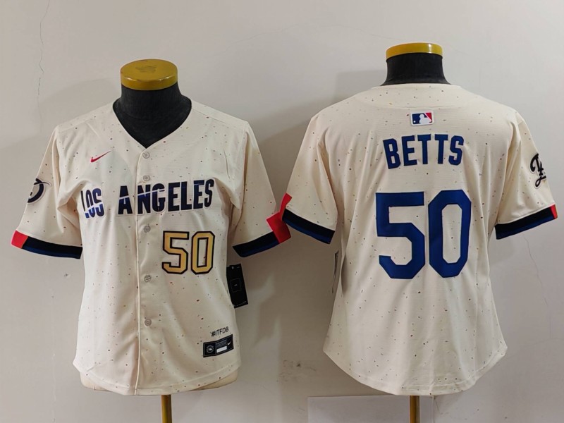 Women's Los Angeles Dodgers #50 Mookie Betts Cream Stitched Jersey(Run Small) 3 Women's Los Angeles Dodgers #50 Mookie Betts Cream Stitched Jersey(Run Small) 3