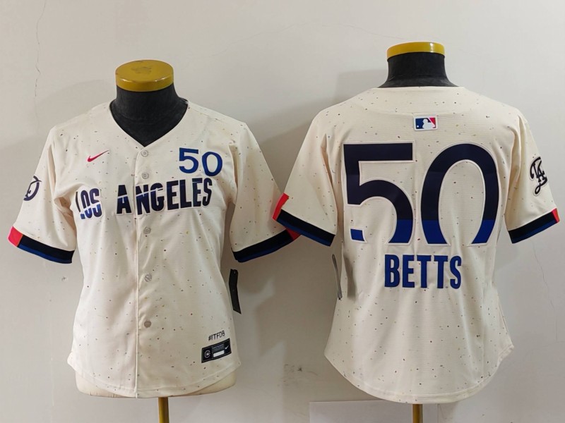 Women's Los Angeles Dodgers #50 Mookie Betts Cream Stitched Jersey(Run Small) 2 Women's Los Angeles Dodgers #50 Mookie Betts Cream Stitched Jersey(Run Small) 2