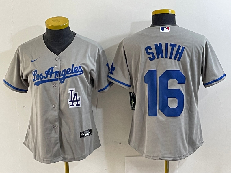 Women's Los Angeles Dodgers #16 Will Smith Grey Stitched Jersey(Run Small) 4 Women's Los Angeles Dodgers #16 Will Smith Grey Stitched Jersey(Run Small) 4