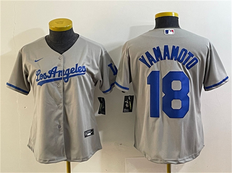 Women's Los Angeles Dodgers #18 Yoshinobu Yamamoto Grey Stitched Jersey(Run Small) Women's Los Angeles Dodgers #18 Yoshinobu Yamamoto Grey Stitched Jersey(Run Small)