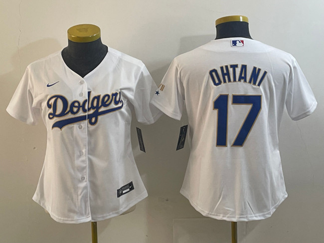 Women's Los Angeles Dodgers #17 Shohei Ohtani White Gold Stitched Jersey(Run Small) Women's Los Angeles Dodgers #17 Shohei Ohtani White Gold Stitched Jersey(Run Small)