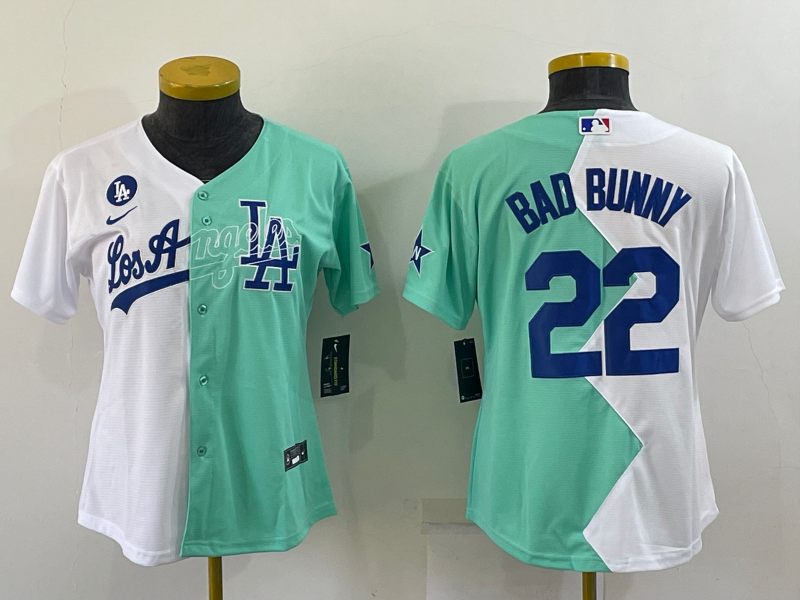 Women's Los Angeles Dodgers #22 Bad Bunny 2022 All-Star White Green Split Stitched Baseball Jerseys(Run Small)