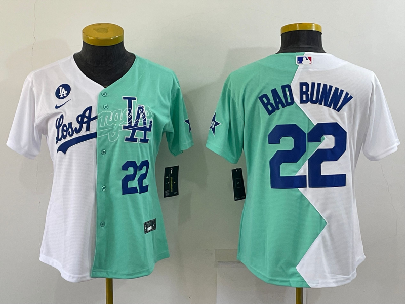 Women's Los Angeles Dodgers #22 Bad Bunny 2022 All-Star White Green Split Stitched Baseball Jersey(Run Small)