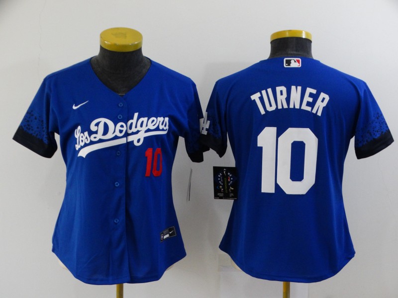 Women's Los Angeles Dodgers #10 Justin Turner Blue 2021 City Connect Number Cool Base Stitched Jersey Women's Los Angeles Dodgers #10 Justin Turner Blue 2021 City Connect Number Cool Base Stitched Jersey