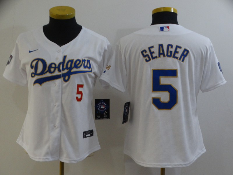 Women's Dodgers #5 Corey Seager White 2021 Gold Program Replica Jerseys Women's Dodgers #5 Corey Seager White 2021 Gold Program Replica Jerseys