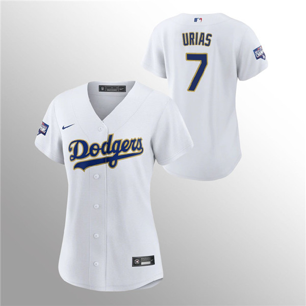 Women's Dodgers #7 Julio Urias White 2021 Gold Program Replica Jersey Women's Dodgers #7 Julio Urias White 2021 Gold Program Replica Jersey