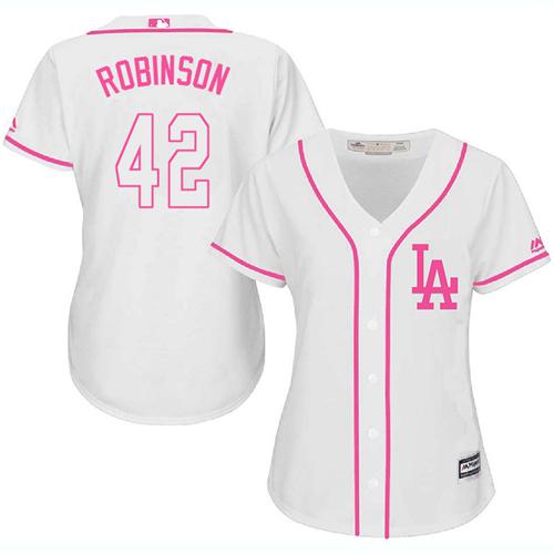 Dodgers #42 Jackie Robinson White Pink Fashion Women's Stitched MLB Jerse