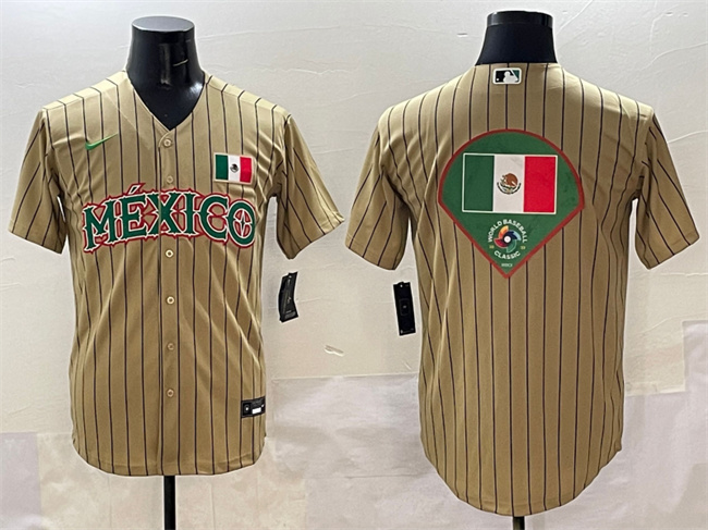 Men's Mexico Baseball Tan 2023 World Baseball Classic Team Big Logo Stitched Jersey 2 Men's Mexico Baseball Tan 2023 World Baseball Classic Team Big Logo Stitched Jersey 2