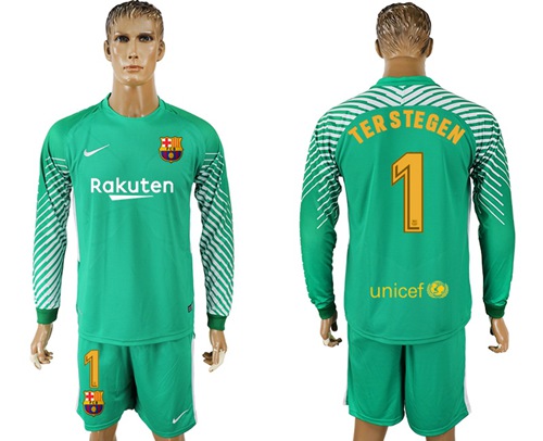 Barcelona #1 Ter Stegen Green Goalkeeper Long Sleeves Soccer Club Jersey Barcelona #1 Ter Stegen Green Goalkeeper Long Sleeves Soccer Club Jersey