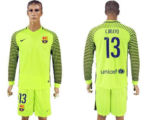 Barcelona #13 C.Bravo Shiny Green Goalkeeper Long Sleeves Soccer Club Jersey Barcelona #13 C.Bravo Shiny Green Goalkeeper Long Sleeves Soccer Club Jersey