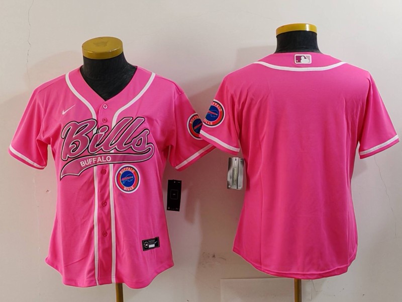 Women's Buffalo Bills Pink Team Big Logo With Patch Cool Base Stitched Baseball Jersey 2 Women's Buffalo Bills Pink Team Big Logo With Patch Cool Base Stitched Baseball Jersey 2