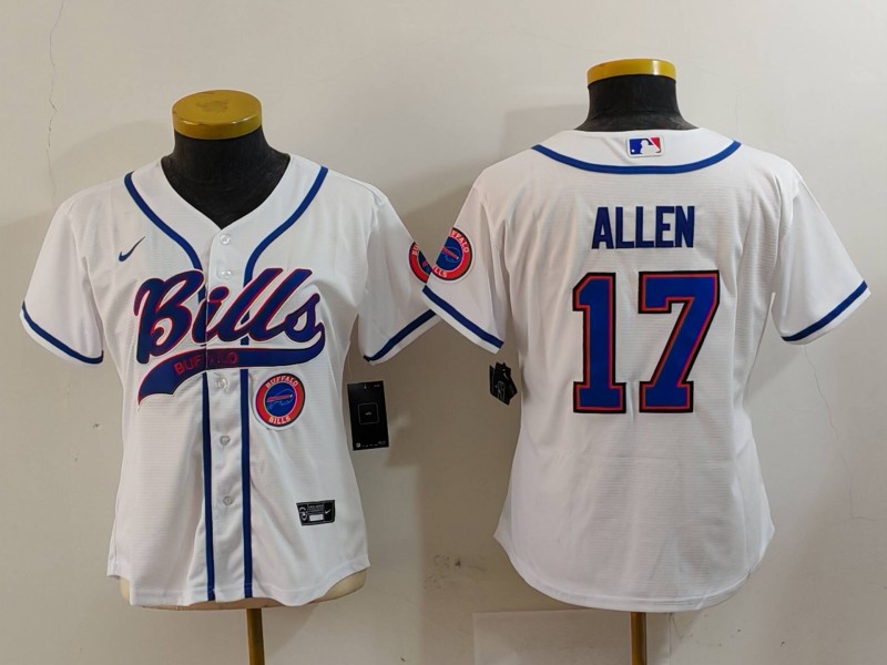 Women's Buffalo Bills #17 Josh Allen White Cool Base Stitched Baseball Jersey 3 Women's Buffalo Bills #17 Josh Allen White Cool Base Stitched Baseball Jersey 3