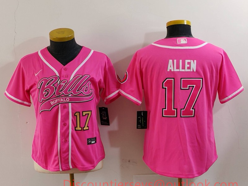 Women's Buffalo Bills #17 Josh Allen Pink Cool Base Stitched Baseball Jersey Women's Buffalo Bills #17 Josh Allen Pink Cool Base Stitched Baseball Jersey