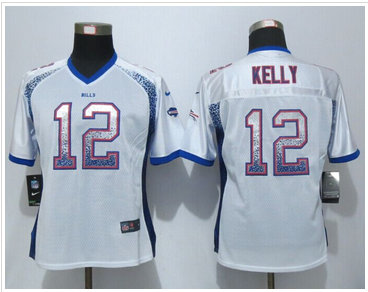 Women Nike Bills #12 Jim Kelly Drift Fashion White Elite Jerseys