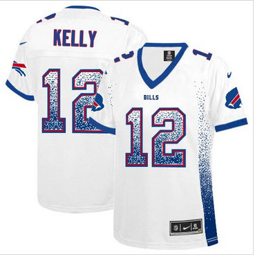 Women Nike Bills #12 Jim Kelly White Stitched NFL Elite Drift Fashion Jersey