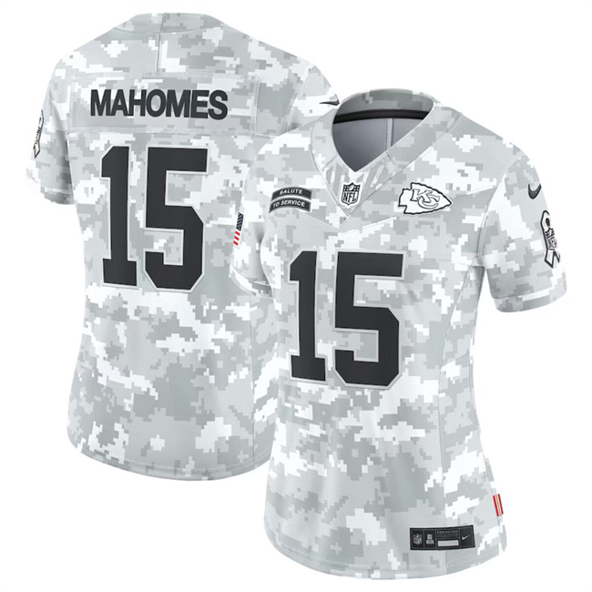 Women's Kansas City Chiefs #15 Patrick Mahomes 2024 F.U.S.E Arctic Camo Salute To Service Limited Stitched Football Jersey(Run Small) Women's Kansas City Chiefs #15 Patrick Mahomes 2024 F.U.S.E Arctic Camo Salute To Service Limited Stitched Football Jersey(Run Small)