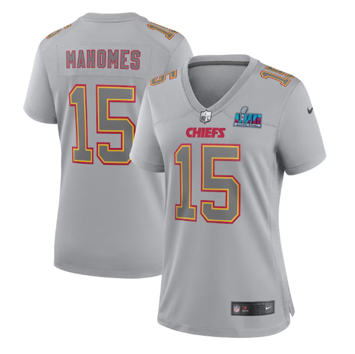 Women's Kansas City Chiefs #15 Patrick Mahomes Grey Super Bowl LVII Patch Atmosphere Fashion Stitched Game Jersey(Run Small) Women's Kansas City Chiefs #15 Patrick Mahomes Grey Super Bowl LVII Patch Atmosphere Fashion Stitched Game Jersey(Run Small)