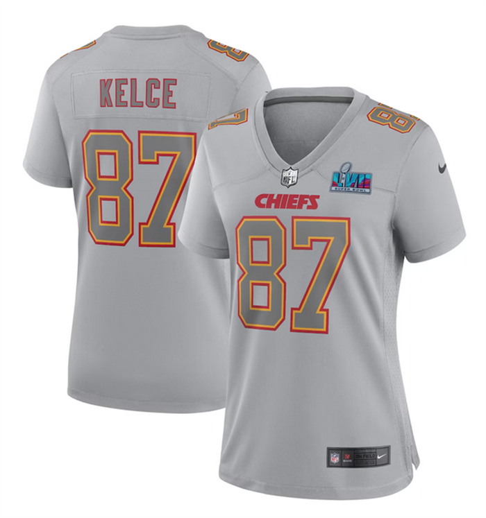 Women's Kansas City Chiefs #87 Travis Kelce Grey Super Bowl LVII Patch Atmosphere Fashion Stitched Game Jersey(Run Small) Women's Kansas City Chiefs #87 Travis Kelce Grey Super Bowl LVII Patch Atmosphere Fashion Stitched Game Jersey(Run Small)