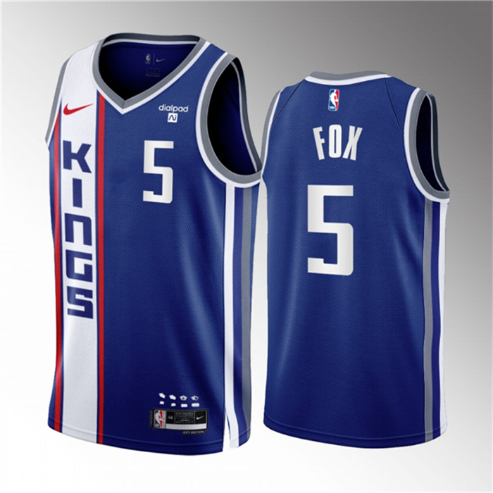 Men's Sacramento Kings #5 De'Aaron Fox Blue 2023 24 City Edition Stitched Basketball Jersey Men's Sacramento Kings #5 De'Aaron Fox Blue 2023 24 City Edition Stitched Basketball Jersey