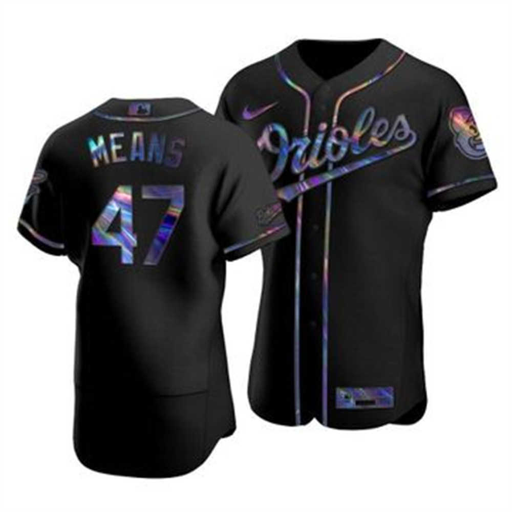 Baltimore Orioles #47 John Means Men's Nike Iridescent Holographic Collection MLB Jersey - Black Baltimore Orioles #47 John Means Men's Nike Iridescent Holographic Collection MLB Jersey - Black