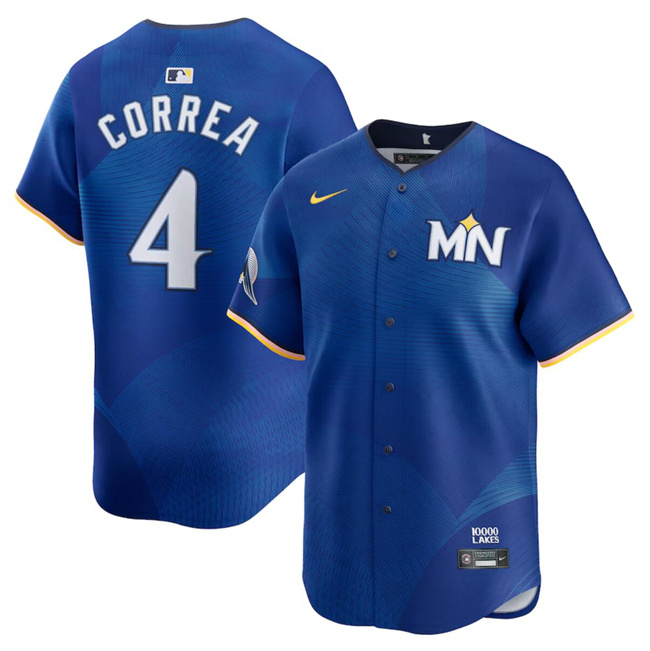 Men's Minnesota Twins #4 Carlos Correa Royal 2024 City Connect Limited Stitched Baseball Jersey Men's Minnesota Twins #4 Carlos Correa Royal 2024 City Connect Limited Stitched Baseball Jersey